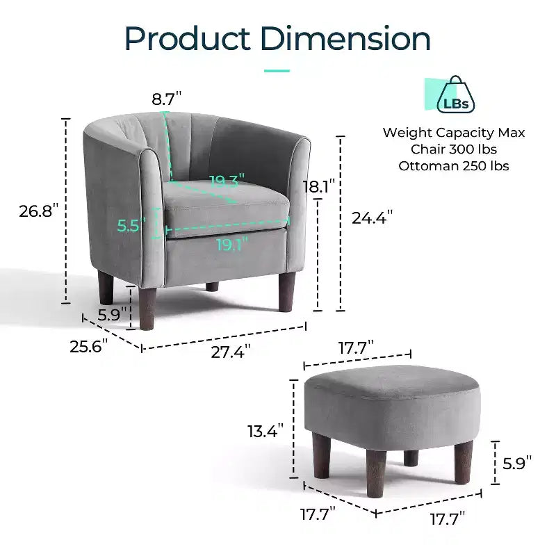 Barrel Chair with Ottoman, Velvet Accent Chair Round Armchair Reading Chair with Footrest for Bedroom, Small Spaces