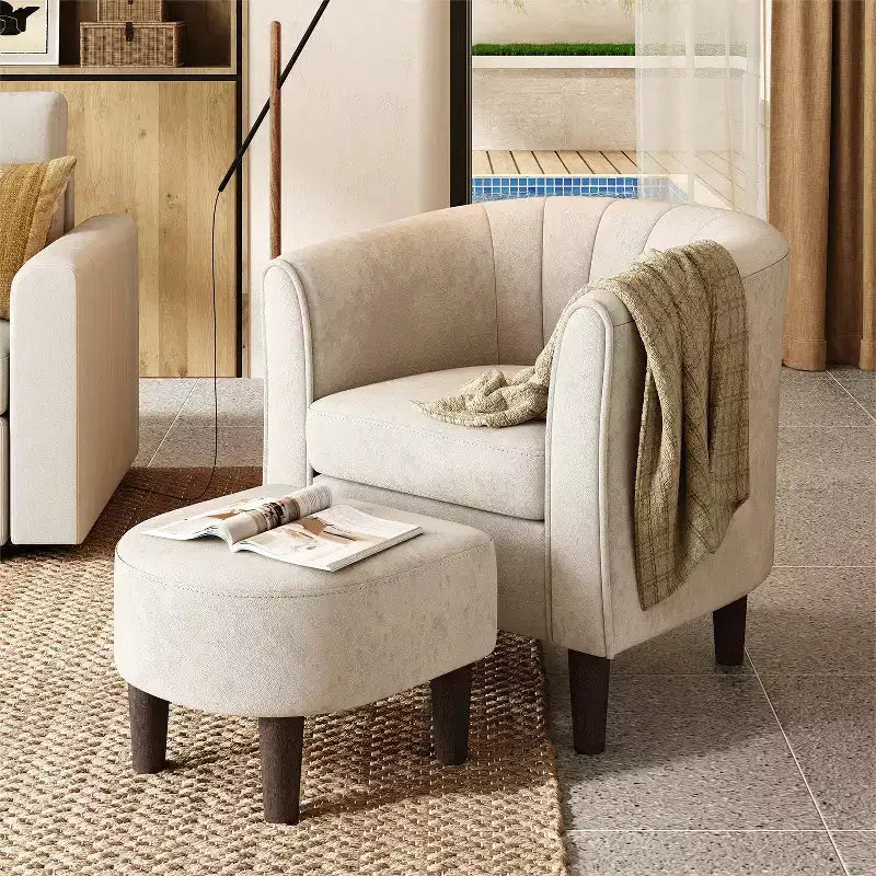 Barrel Chair with Ottoman, Velvet Accent Chair Round Armchair Reading Chair with Footrest for Bedroom, Small Spaces