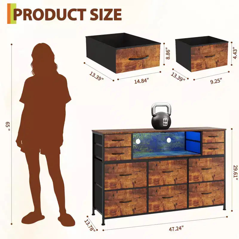 10-Drawer Fabric Dresser with Lights,Entertainment Center TV Stand for 40-55 TV, Storage Cabinet for Bedroom, Living Room & Hallway
