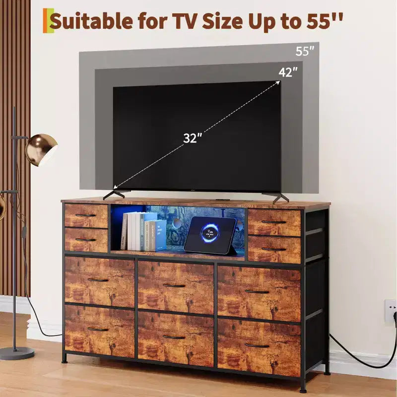 10-Drawer Fabric Dresser with Lights,Entertainment Center TV Stand for 40-55 TV, Storage Cabinet for Bedroom, Living Room & Hallway