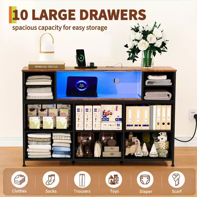 10-Drawer Fabric Dresser with Lights,Entertainment Center TV Stand for 40-55 TV, Storage Cabinet for Bedroom, Living Room & Hallway