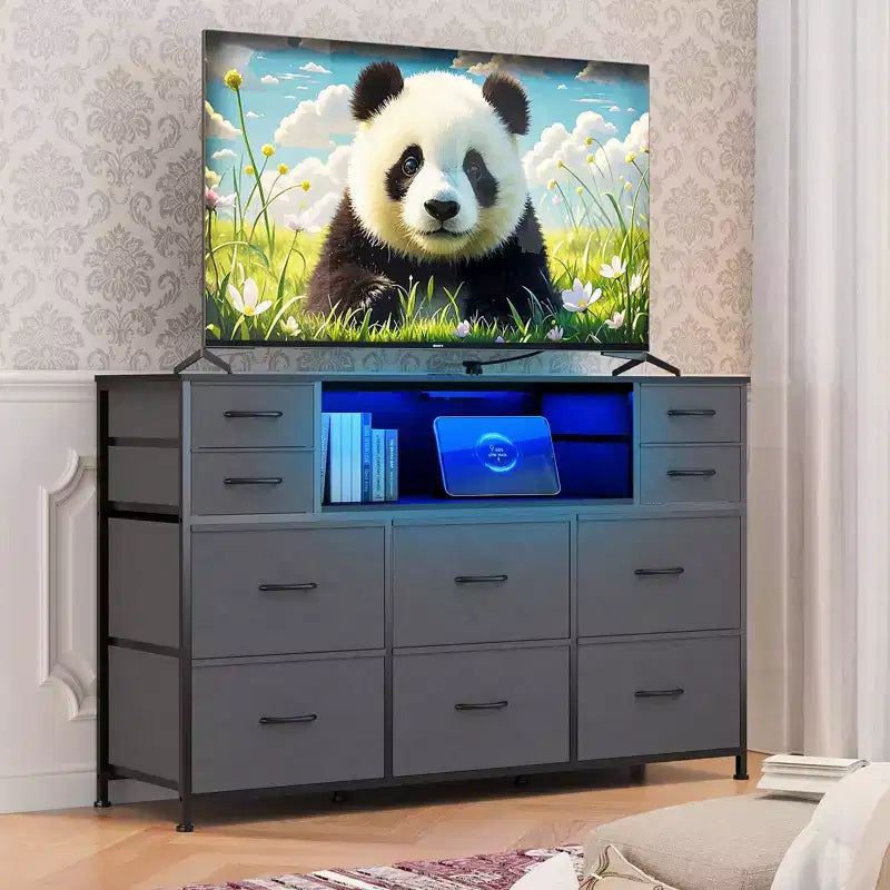 10-Drawer Fabric Dresser with Lights,Entertainment Center TV Stand for 40-55 TV, Storage Cabinet for Bedroom, Living Room & Hallway