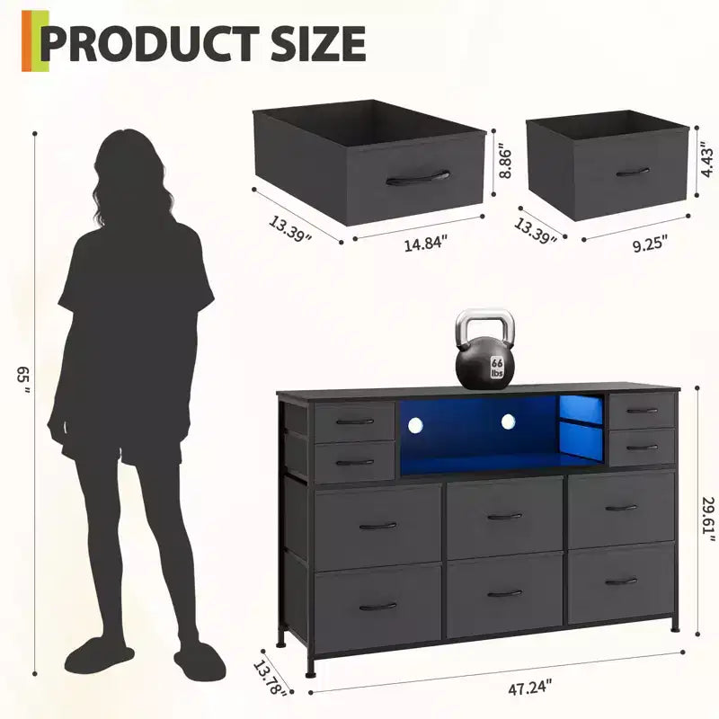 10-Drawer Fabric Dresser with Lights,Entertainment Center TV Stand for 40-55 TV, Storage Cabinet for Bedroom, Living Room & Hallway