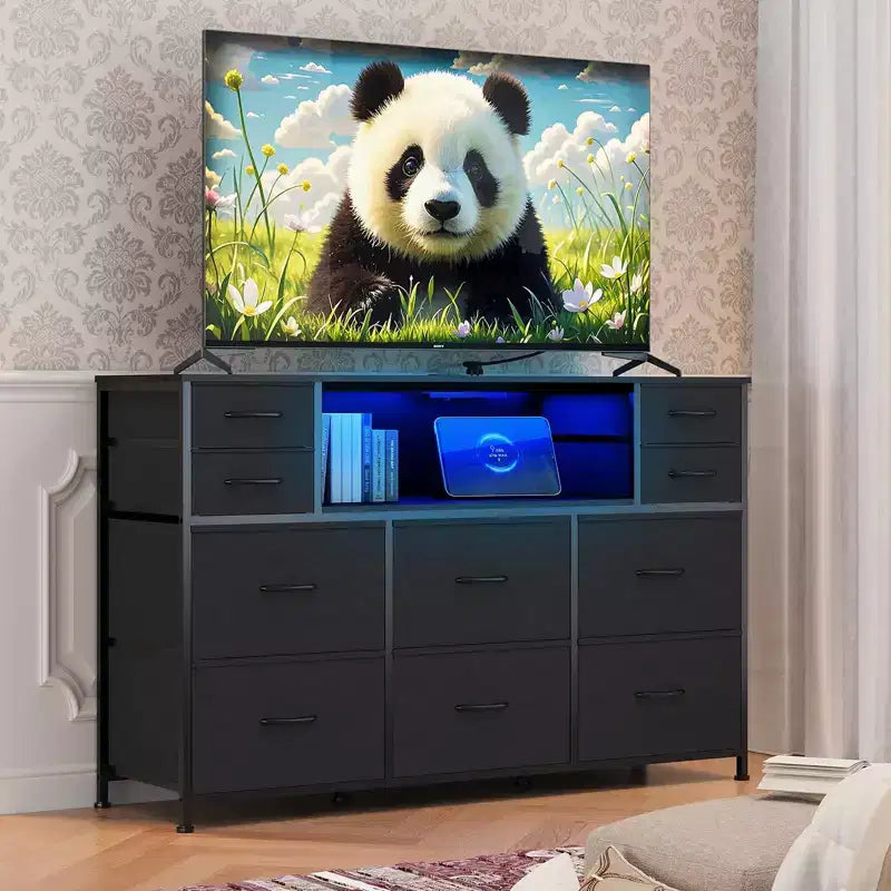 10-Drawer Fabric Dresser with Lights,Entertainment Center TV Stand for 40-55 TV, Storage Cabinet for Bedroom, Living Room & Hallway