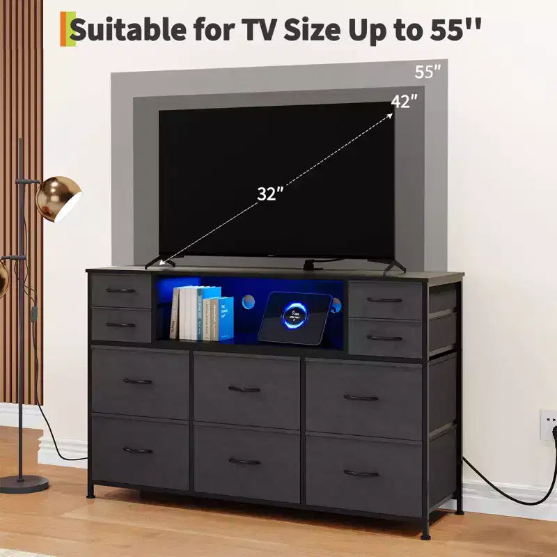 10-Drawer Fabric Dresser with Lights,Entertainment Center TV Stand for 40-55 TV, Storage Cabinet for Bedroom, Living Room & Hallway