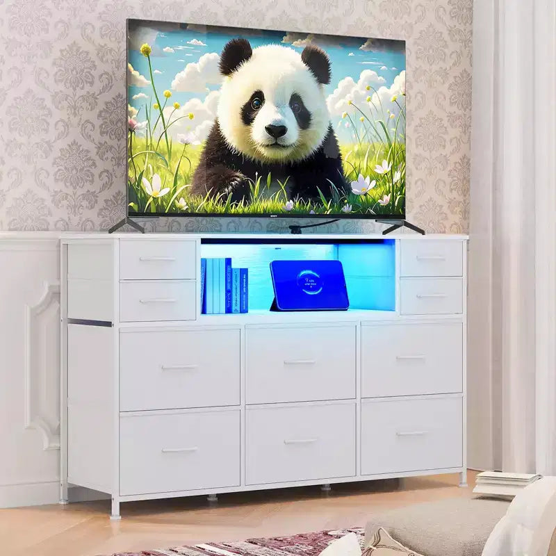 10-Drawer Fabric Dresser with Lights,Entertainment Center TV Stand for 40-55 TV, Storage Cabinet for Bedroom, Living Room & Hallway