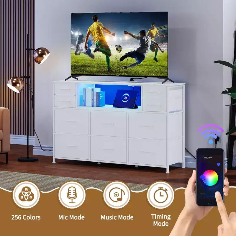 10-Drawer Fabric Dresser with Lights,Entertainment Center TV Stand for 40-55 TV, Storage Cabinet for Bedroom, Living Room & Hallway