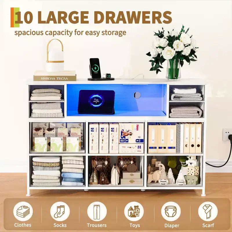 10-Drawer Fabric Dresser with Lights,Entertainment Center TV Stand for 40-55 TV, Storage Cabinet for Bedroom, Living Room & Hallway