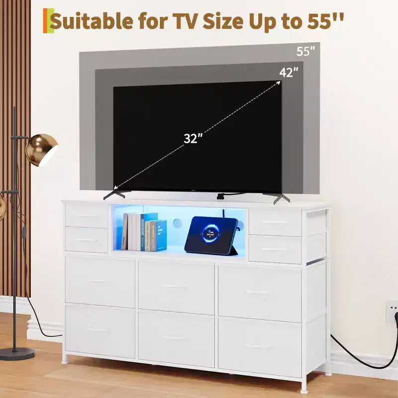 10-Drawer Fabric Dresser with Lights,Entertainment Center TV Stand for 40-55 TV, Storage Cabinet for Bedroom, Living Room & Hallway
