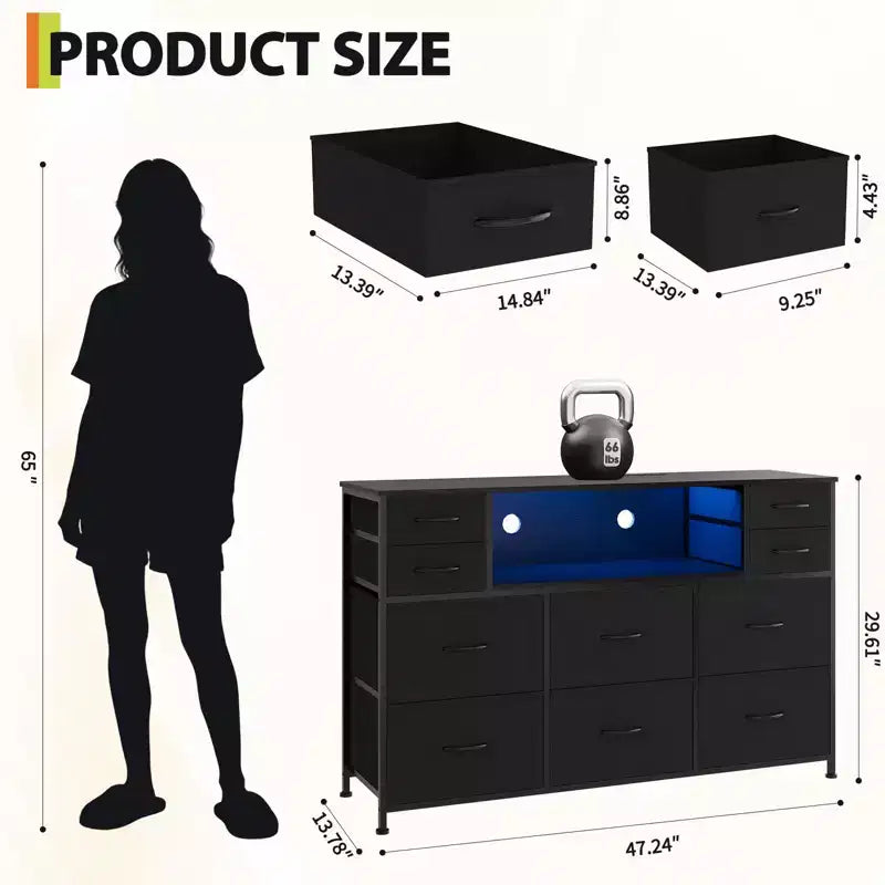 10-Drawer Fabric Dresser with Lights,Entertainment Center TV Stand for 40-55 TV, Storage Cabinet for Bedroom, Living Room & Hallway