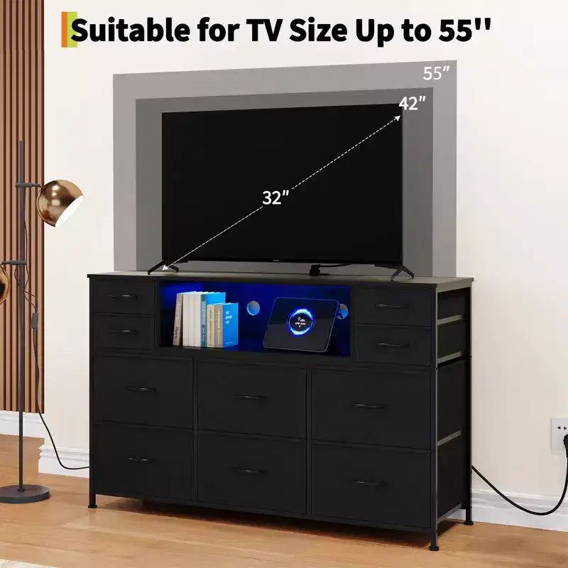 10-Drawer Fabric Dresser with Lights,Entertainment Center TV Stand for 40-55 TV, Storage Cabinet for Bedroom, Living Room & Hallway