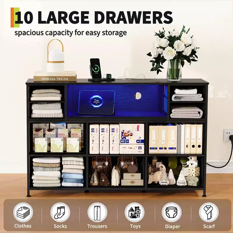 10-Drawer Fabric Dresser with Lights,Entertainment Center TV Stand for 40-55 TV, Storage Cabinet for Bedroom, Living Room & Hallway