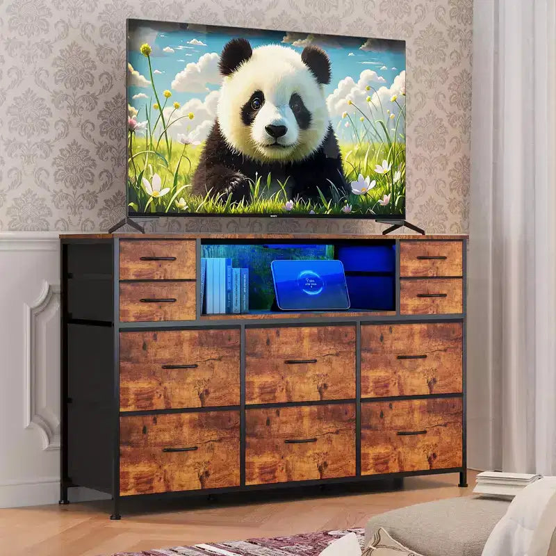 10-Drawer Fabric Dresser with Lights,Entertainment Center TV Stand for 40-55 TV, Storage Cabinet for Bedroom, Living Room & Hallway