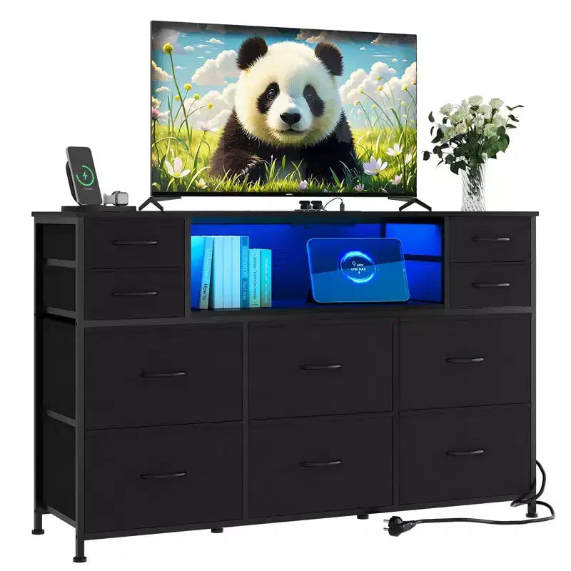10-Drawer Fabric Dresser with Lights,Entertainment Center TV Stand for 40-55 TV, Storage Cabinet for Bedroom, Living Room & Hallway