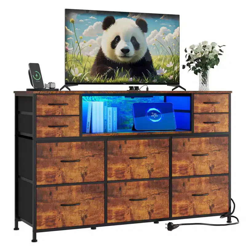 10-Drawer Fabric Dresser with Lights,Entertainment Center TV Stand for 40-55 TV, Storage Cabinet for Bedroom, Living Room & Hallway