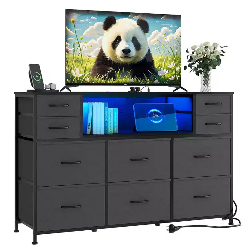 10-Drawer Fabric Dresser with Lights,Entertainment Center TV Stand for 40-55 TV, Storage Cabinet for Bedroom, Living Room & Hallway