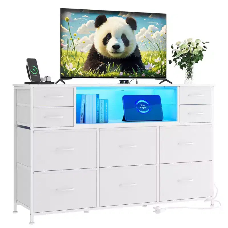10-Drawer Fabric Dresser with Lights,Entertainment Center TV Stand for 40-55 TV, Storage Cabinet for Bedroom, Living Room & Hallway