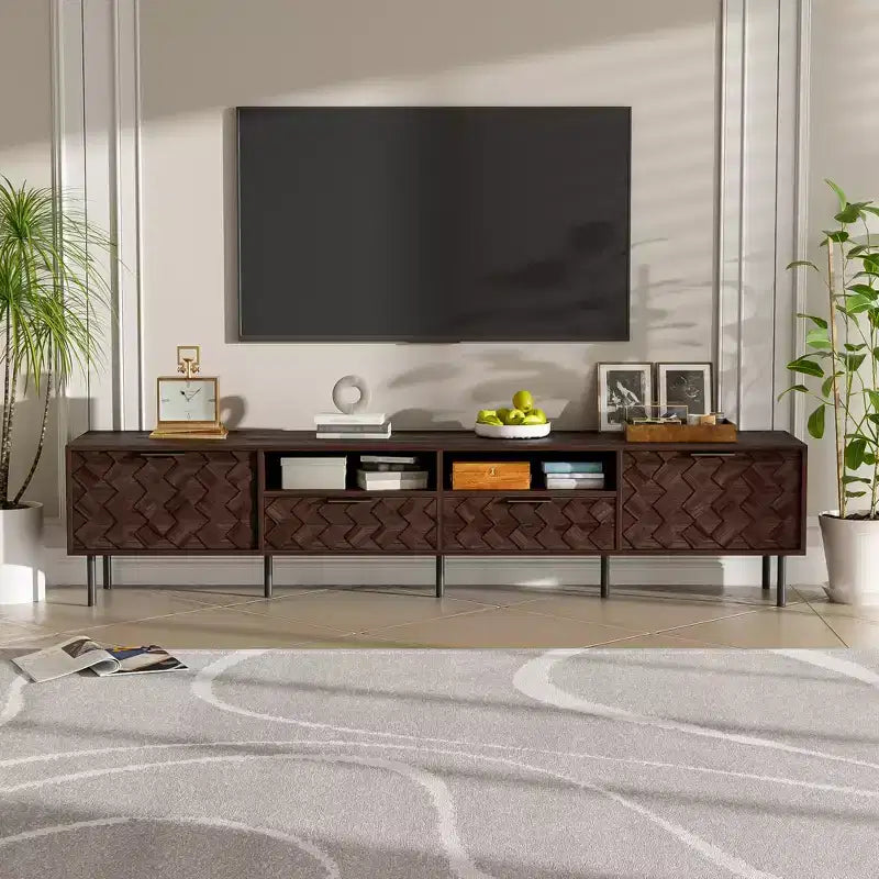 GDFStudio Rishi 78 Modern TV Stand with Diamond Interwoven Pattern and Metal Legs