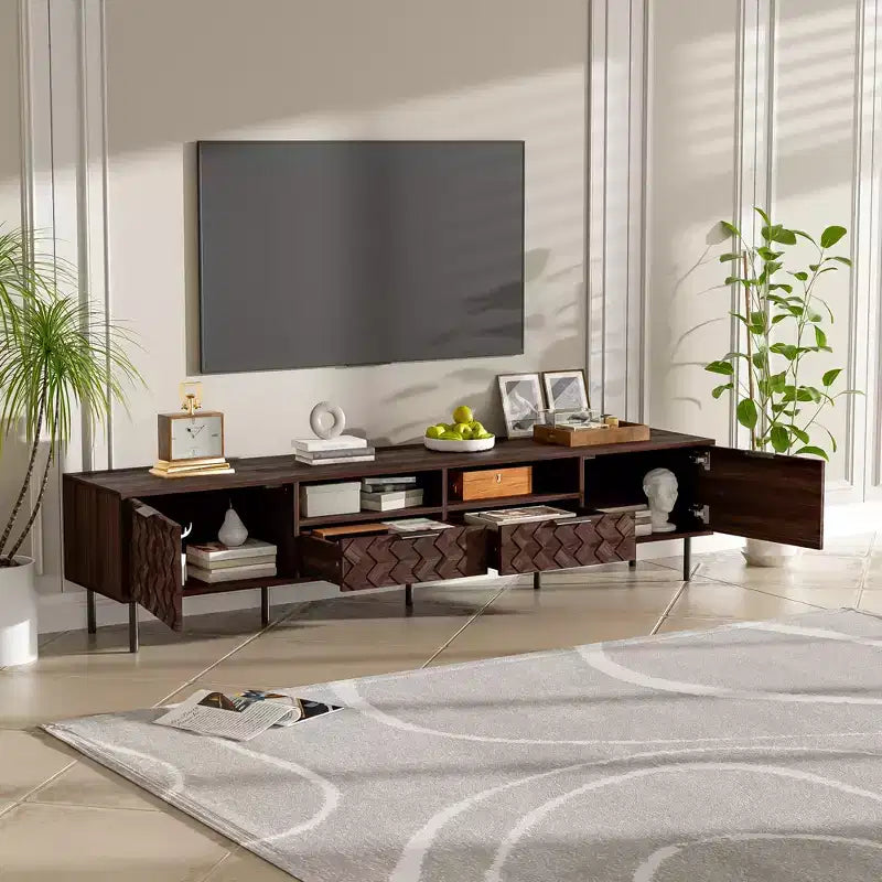 GDFStudio Rishi 78 Modern TV Stand with Diamond Interwoven Pattern and Metal Legs