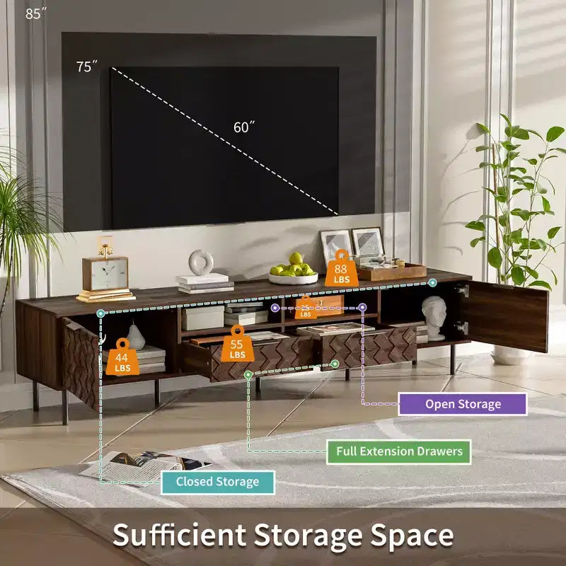 GDFStudio Rishi 78 Modern TV Stand with Diamond Interwoven Pattern and Metal Legs