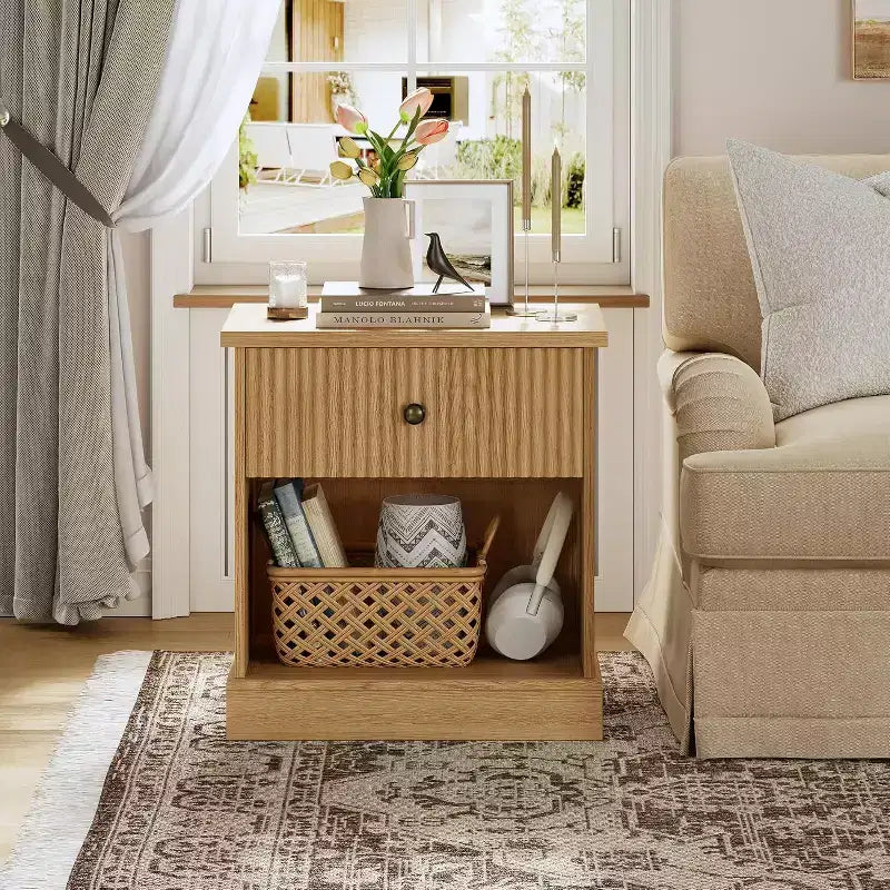 Modern Mid-Century Nightstand with Drawer & Open Shelf - Compact Bedside Table for Bedroom Storage