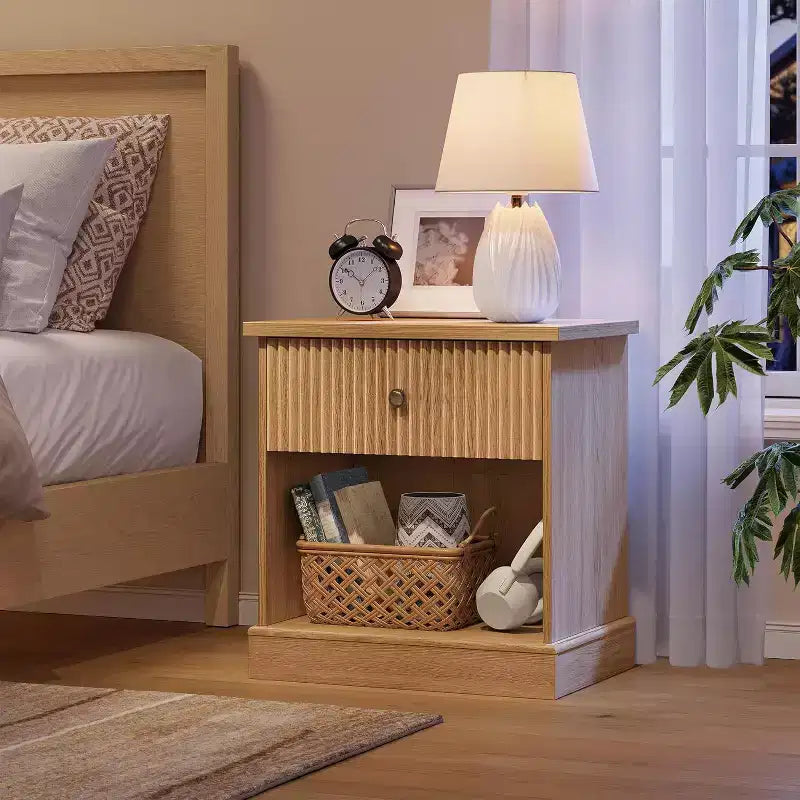 Modern Mid-Century Nightstand with Drawer & Open Shelf - Compact Bedside Table for Bedroom Storage