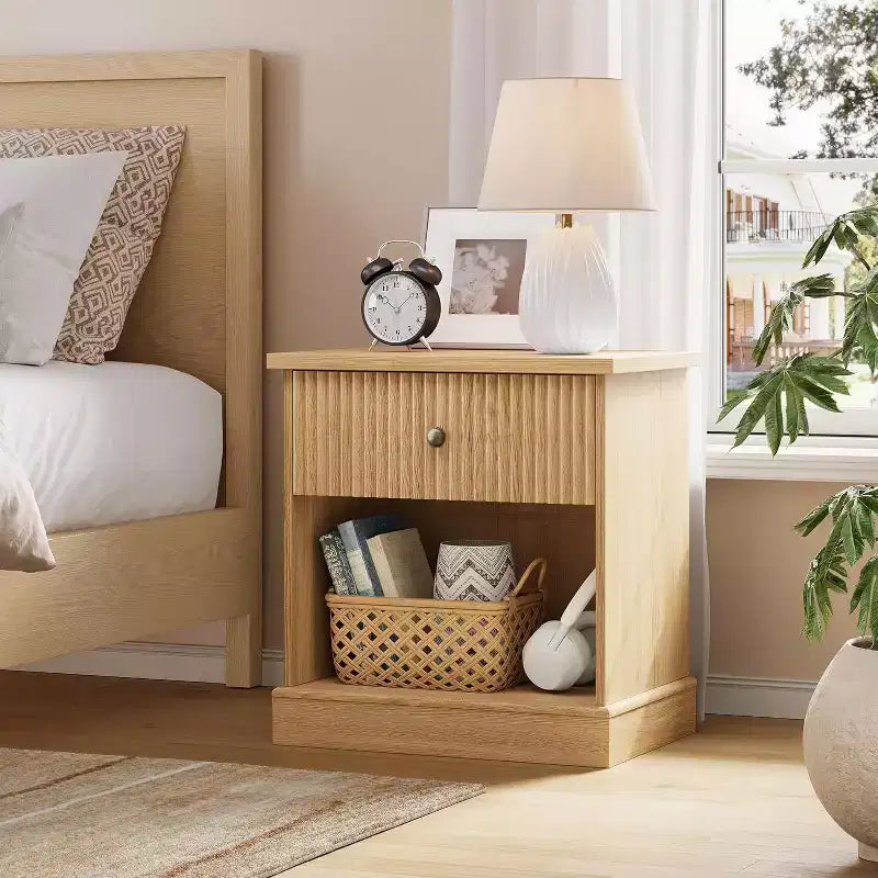 Modern Mid-Century Nightstand with Drawer & Open Shelf - Compact Bedside Table for Bedroom Storage