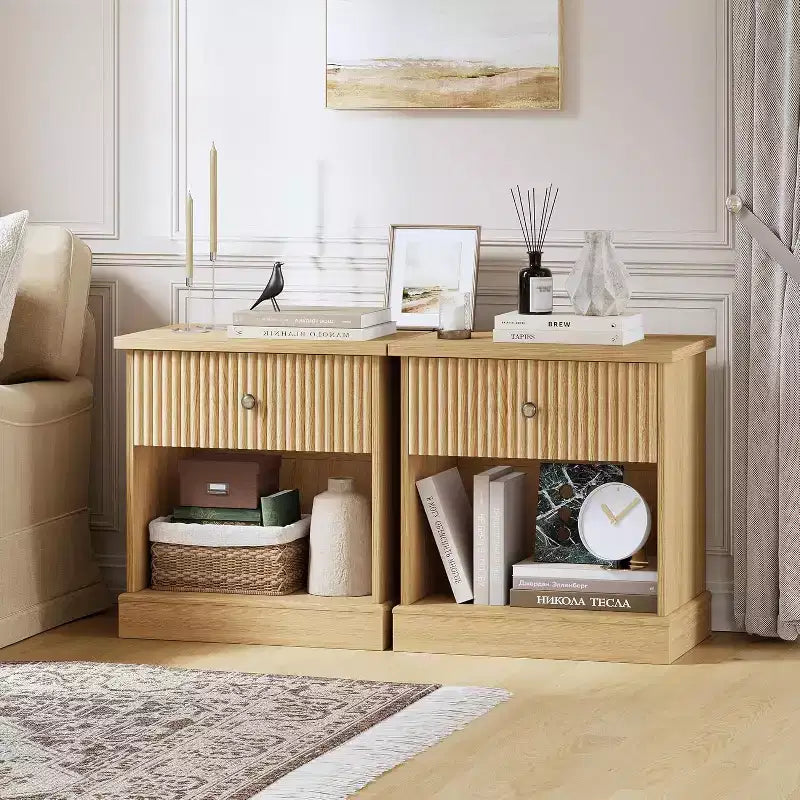 Modern Mid-Century Nightstand with Drawer & Open Shelf - Compact Bedside Table for Bedroom Storage