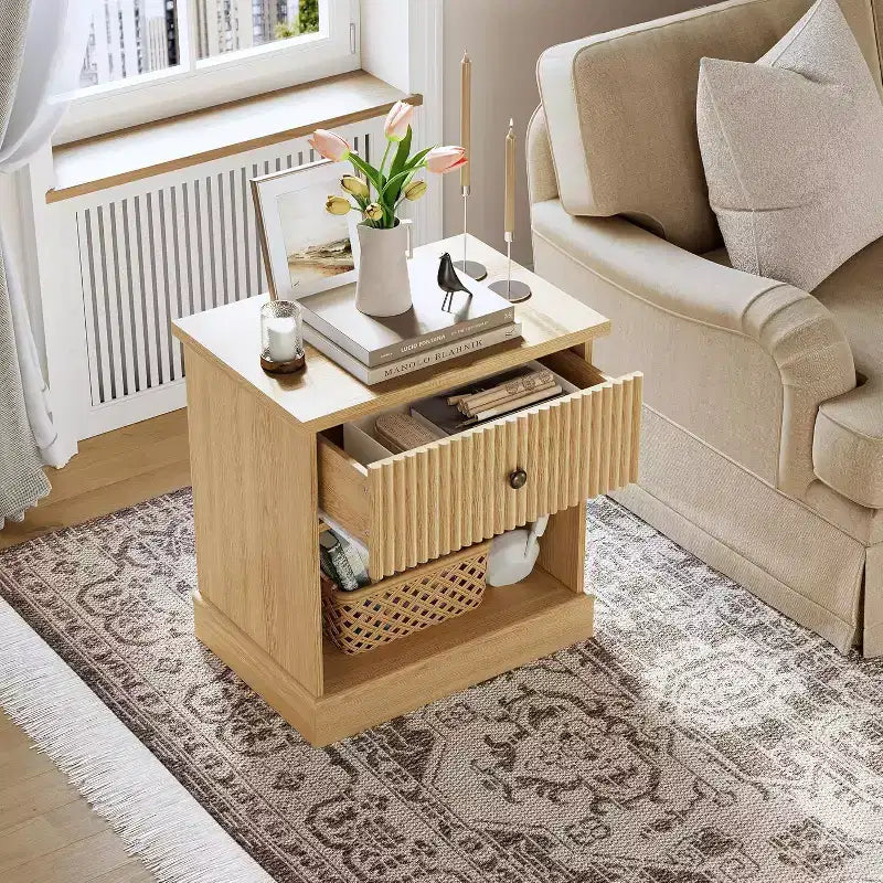 Modern Mid-Century Nightstand with Drawer & Open Shelf - Compact Bedside Table for Bedroom Storage