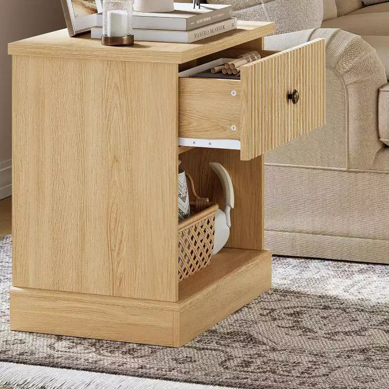 Modern Mid-Century Nightstand with Drawer & Open Shelf - Compact Bedside Table for Bedroom Storage