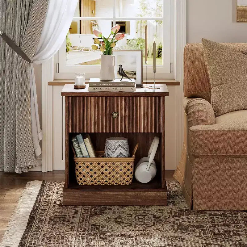 Modern Mid-Century Nightstand with Drawer & Open Shelf - Compact Bedside Table for Bedroom Storage