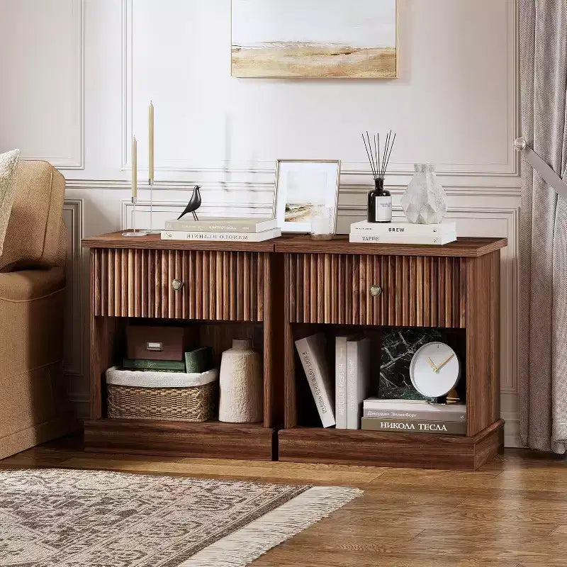 Modern Mid-Century Nightstand with Drawer & Open Shelf - Compact Bedside Table for Bedroom Storage