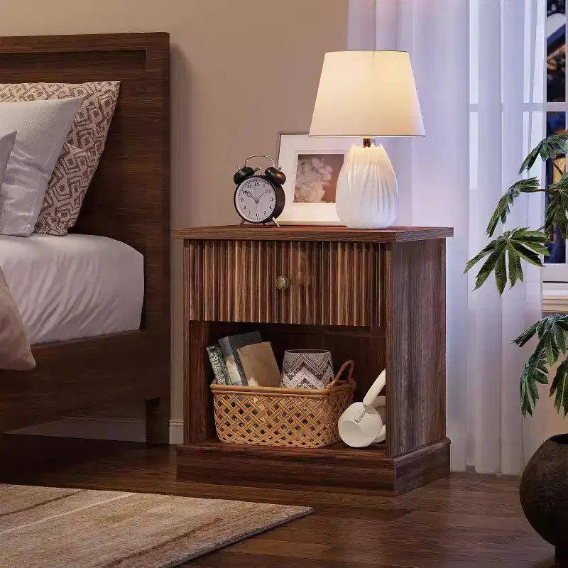 Modern Mid-Century Nightstand with Drawer & Open Shelf - Compact Bedside Table for Bedroom Storage