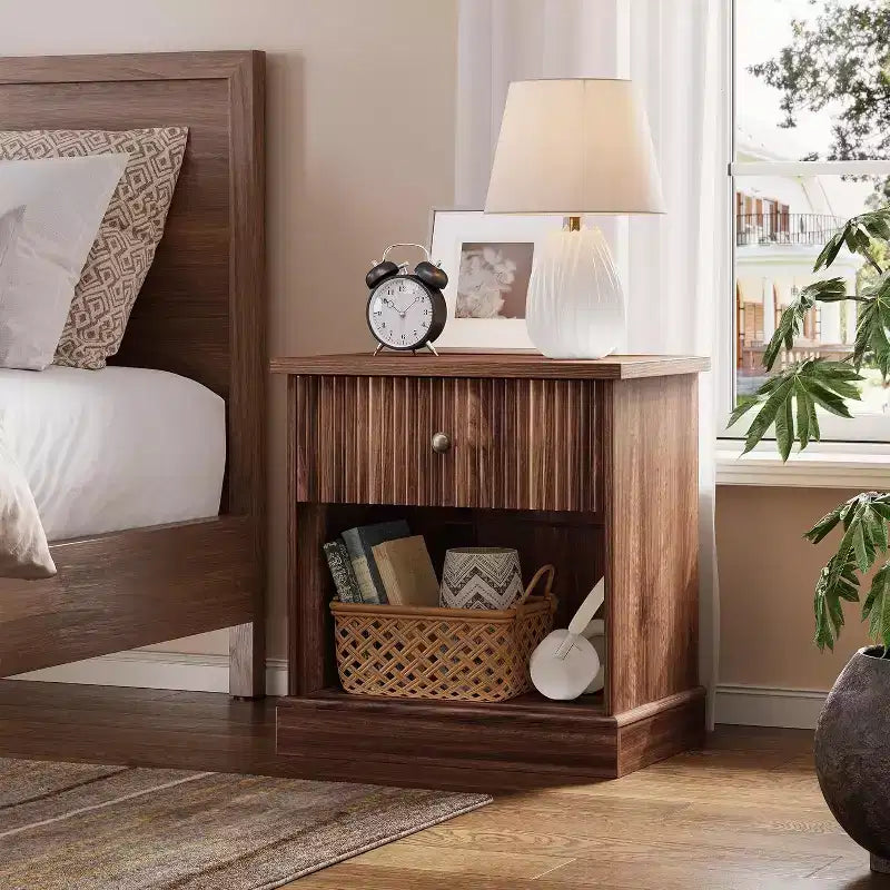Modern Mid-Century Nightstand with Drawer & Open Shelf - Compact Bedside Table for Bedroom Storage