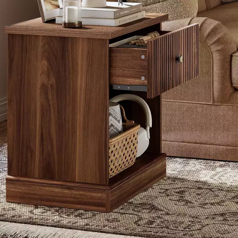 Modern Mid-Century Nightstand with Drawer & Open Shelf - Compact Bedside Table for Bedroom Storage