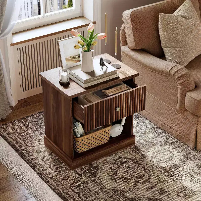 Modern Mid-Century Nightstand with Drawer & Open Shelf - Compact Bedside Table for Bedroom Storage