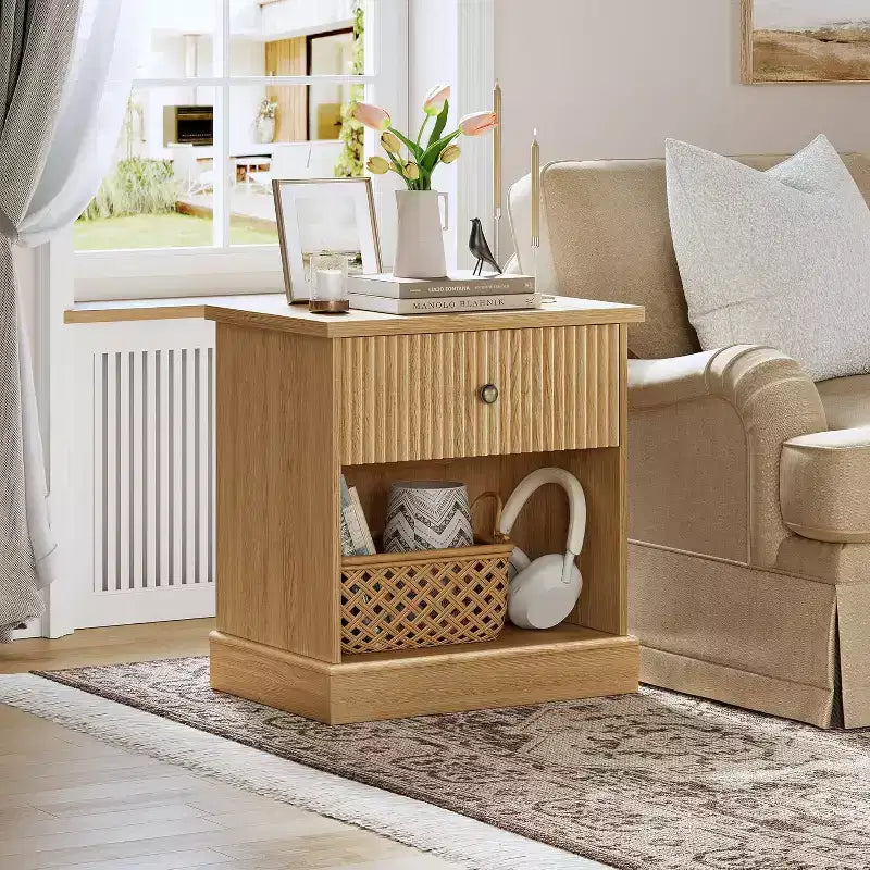 Modern Mid-Century Nightstand with Drawer & Open Shelf - Compact Bedside Table for Bedroom Storage