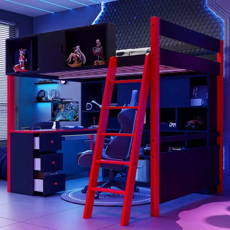 GDF Studio Schultz Wood Loft Bed with Desk, Ample Storage Space and Light