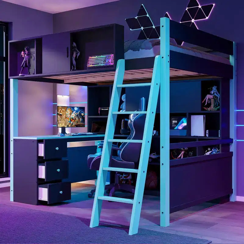 GDF Studio Schultz Wood Loft Bed with Desk, Ample Storage Space and Light