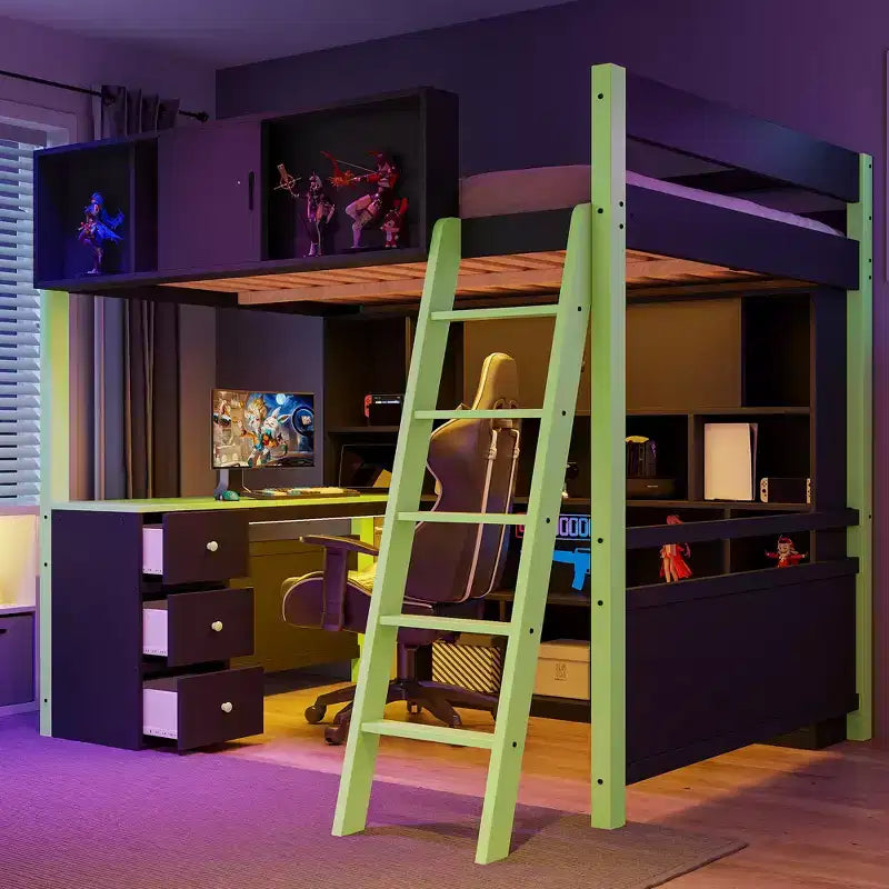 GDF Studio Schultz Wood Loft Bed with Desk, Ample Storage Space and Light