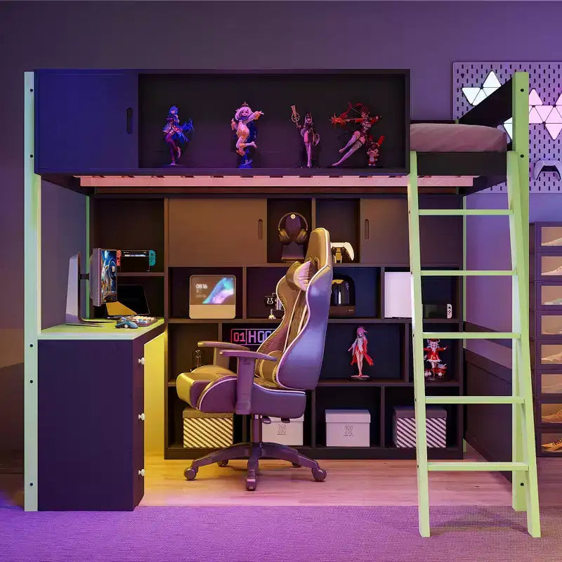 GDF Studio Schultz Wood Loft Bed with Desk, Ample Storage Space and Light