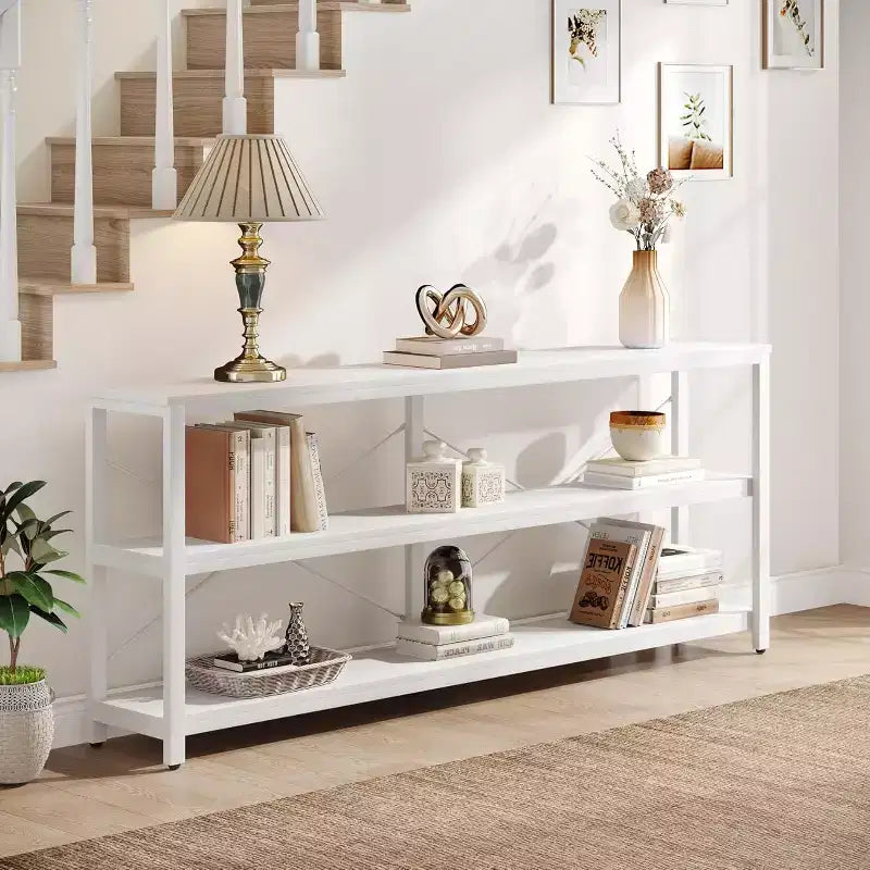Lantine 70.9-Inch Extra Long Console Table, Industrial Sofa Table with Metal Frame and Storage for Living Room, Entryway, Hallway, White