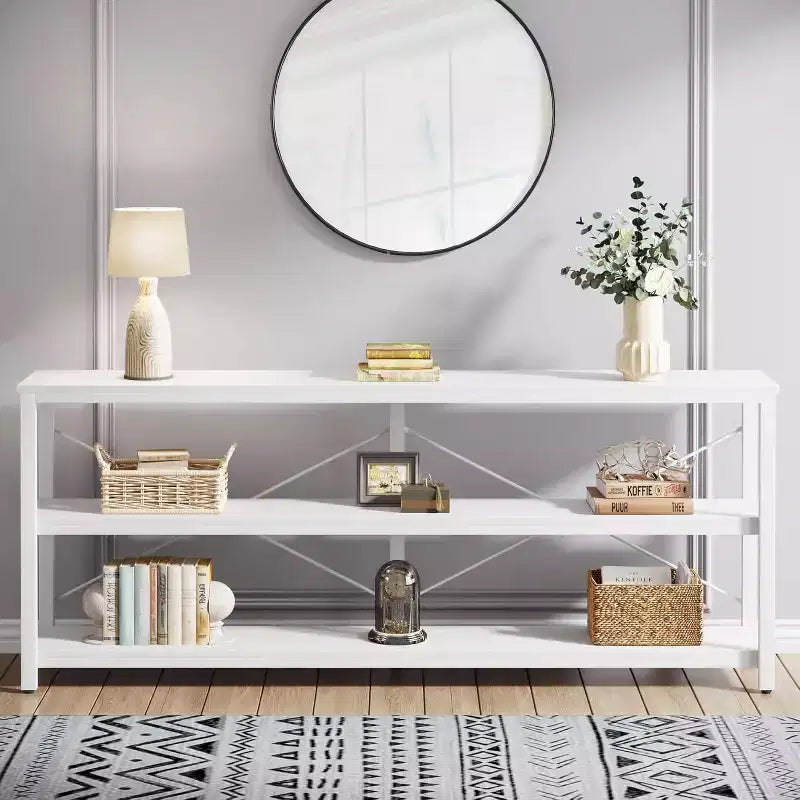 Lantine 70.9-Inch Extra Long Console Table, Industrial Sofa Table with Metal Frame and Storage for Living Room, Entryway, Hallway, White