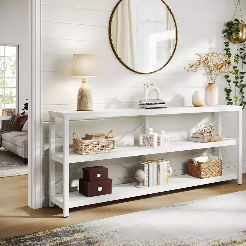 Lantine 70.9-Inch Extra Long Console Table, Industrial Sofa Table with Metal Frame and Storage for Living Room, Entryway, Hallway, White