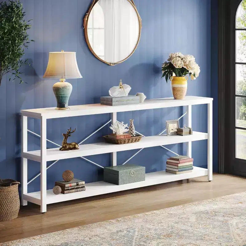 Lantine 70.9-Inch Extra Long Console Table, Industrial Sofa Table with Metal Frame and Storage for Living Room, Entryway, Hallway, White