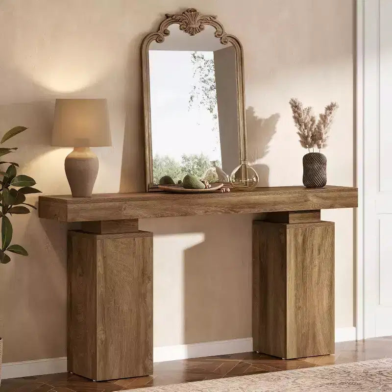 Lantine 63-Inch Long Console Table, Farmhouse Entryway Table Behind Couch, Hallway Accent for Living Room, Entrance, Natural Wood Finish