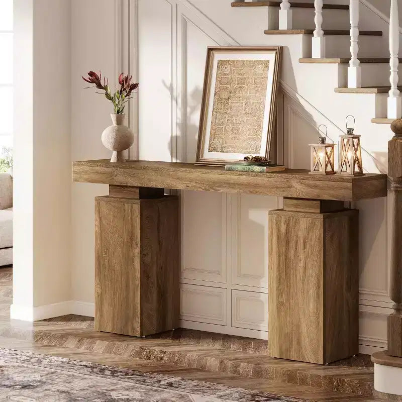 Lantine 63-Inch Long Console Table, Farmhouse Entryway Table Behind Couch, Hallway Accent for Living Room, Entrance, Natural Wood Finish