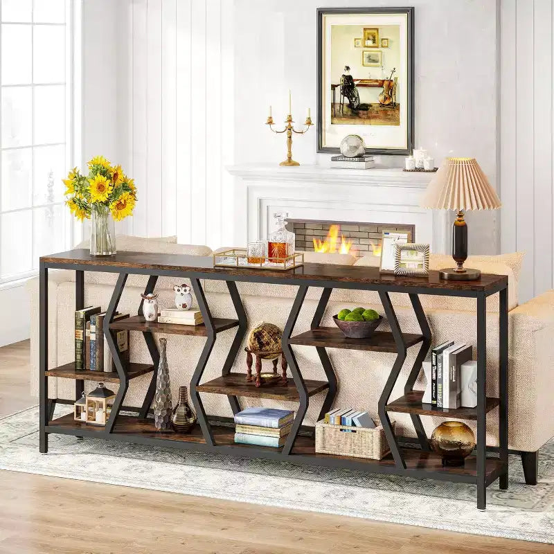Lantine 70.9-Inch Sofa Console Table with 4-Tier Storage, Industrial Narrow Entryway Table for Hallway, Living Room, Foyer, Rustic Brown