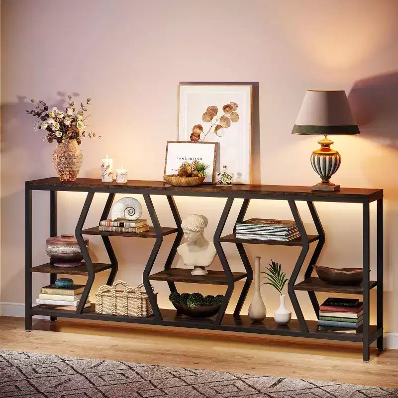 Lantine 70.9-Inch Sofa Console Table with 4-Tier Storage, Industrial Narrow Entryway Table for Hallway, Living Room, Foyer, Rustic Brown