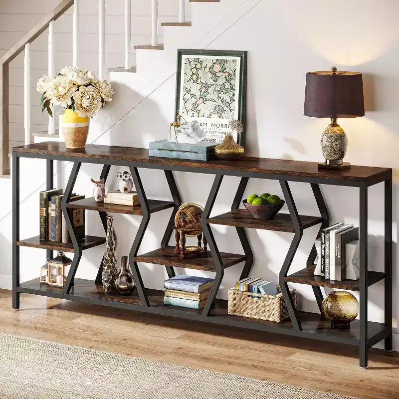 Lantine 70.9-Inch Sofa Console Table with 4-Tier Storage, Industrial Narrow Entryway Table for Hallway, Living Room, Foyer, Rustic Brown